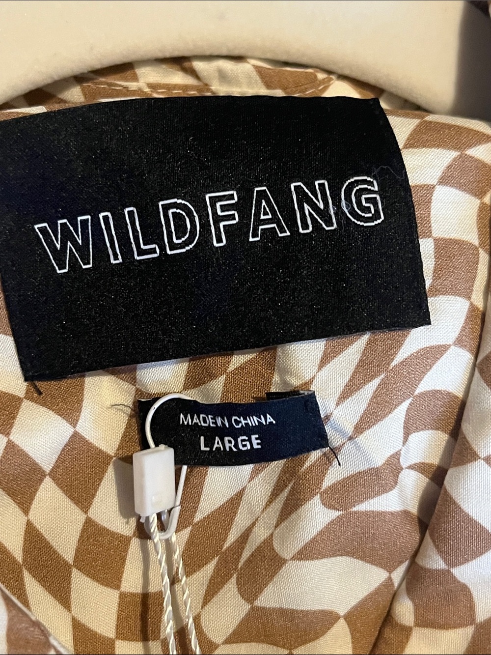 Wildfang The Empower Brown Wavy Checkerboard Rayon Button Up Shirt L NWT - Picture 4 of 5